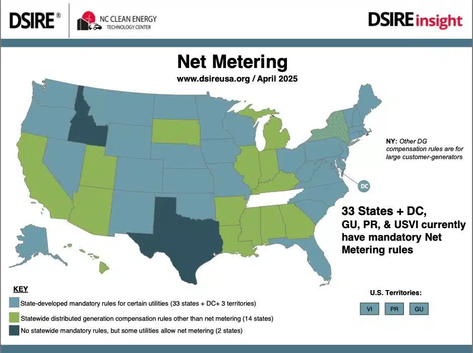 DSIRE Net Metering Map April 2025