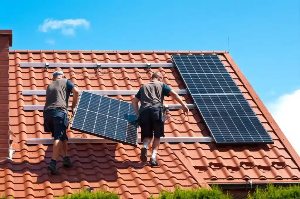 two technicians installing solar panels on a roof